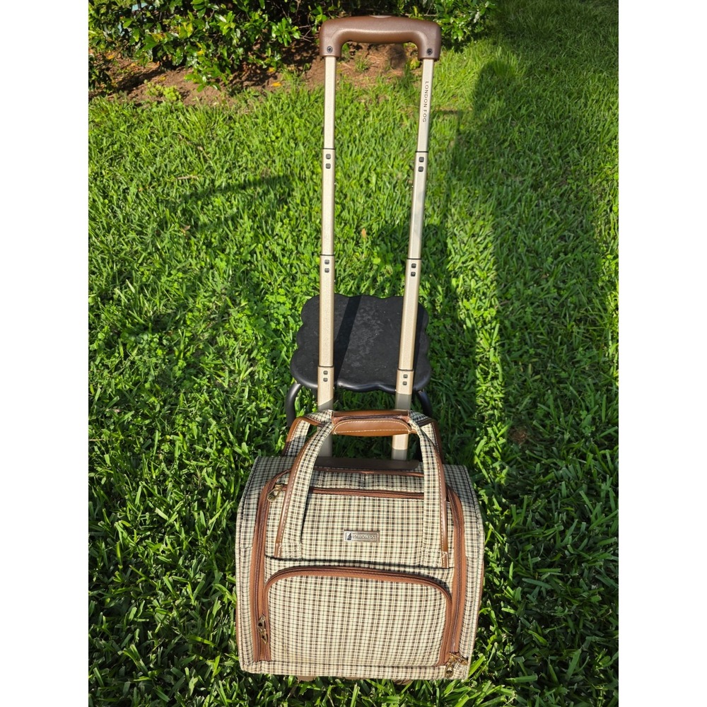 London Fog Plaid Rolling Underseat Bag Tan Brown Carry On Suitcase